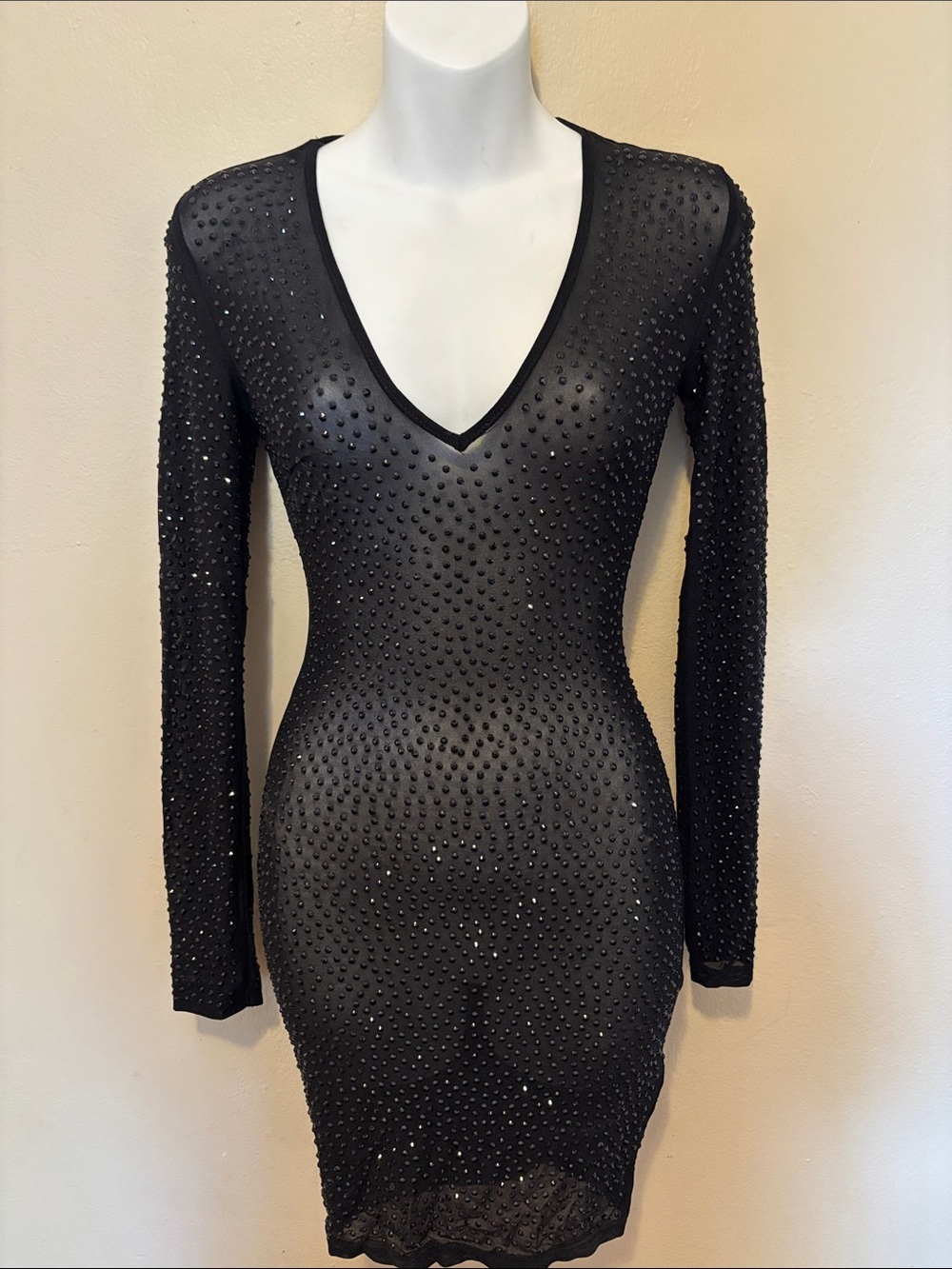 Fashion Nova Black Long Sleeve V-Neck Rhinestone Bodycon Dress